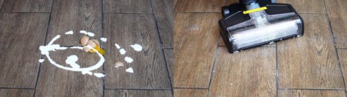 Grindų valymas nuo padažo ir sudaužytų kiaušinių