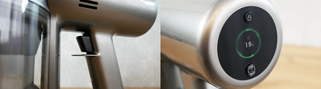 „Dreame V12 Pro“: maitinimo mygtukas ir ekranas