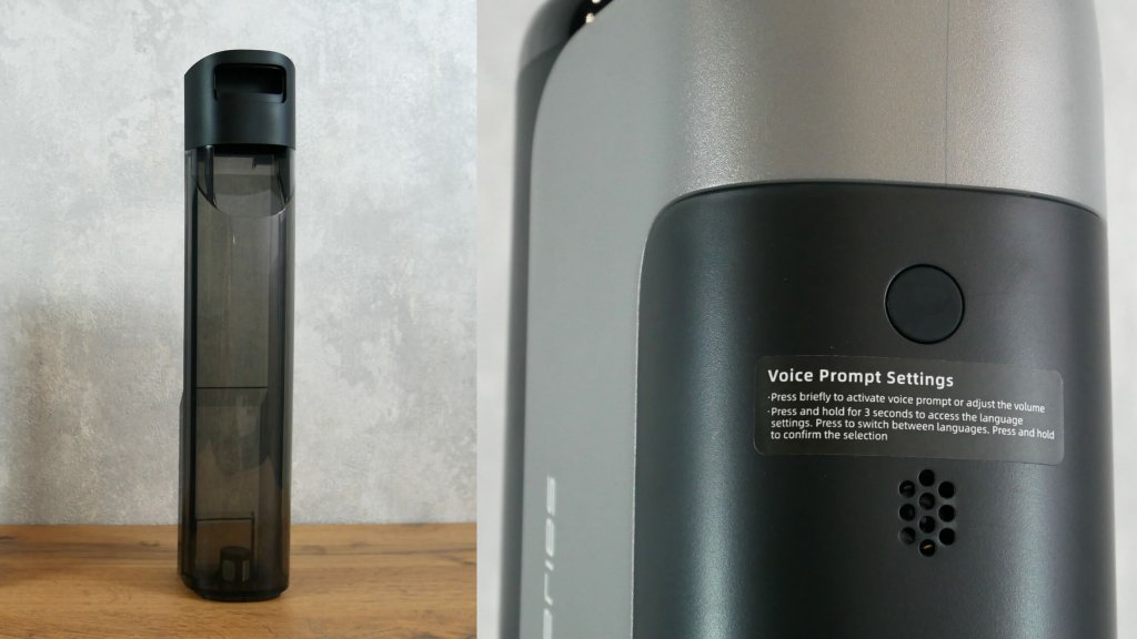 Dreame M12: Tanque de agua limpia y botón de control de alerta por voz